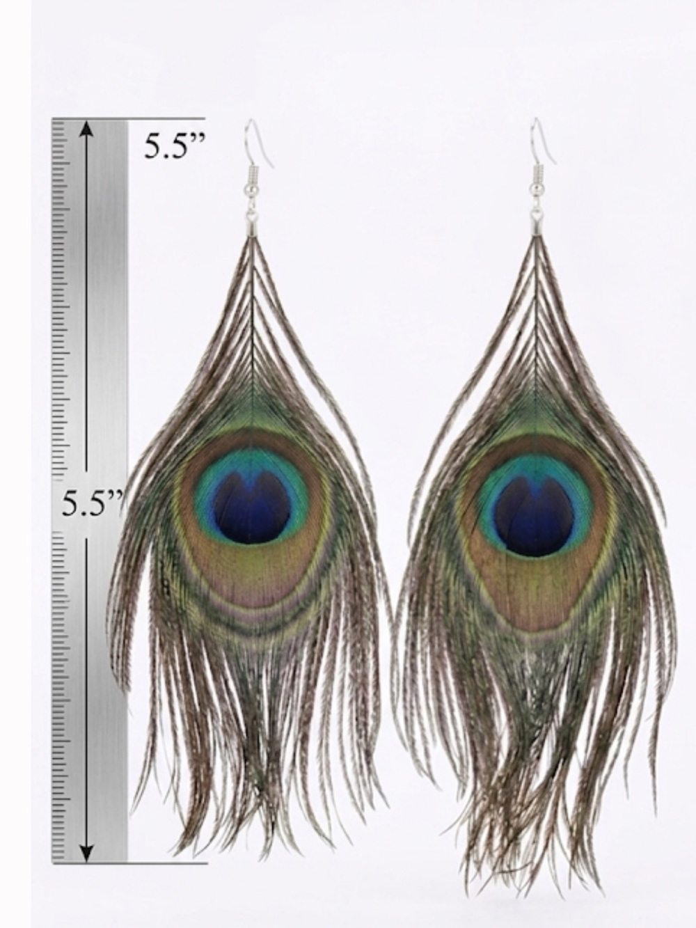 Peacock Feather Statement Dangle Earrings 5.5” Long Boho Festival - Picture 3 of 5